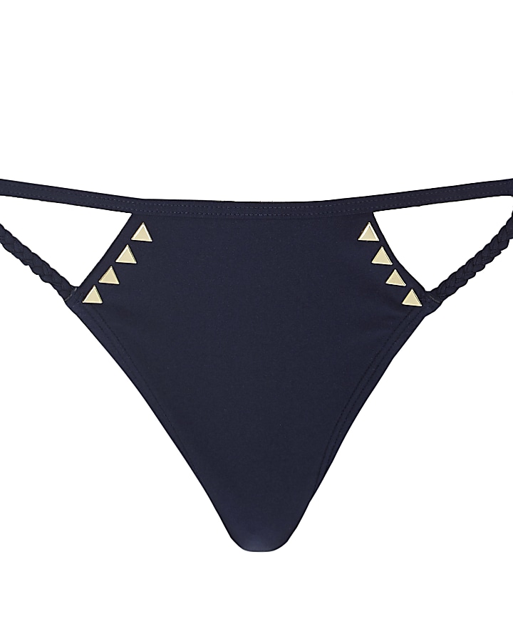 Navy triangle stud strappy bikini top
