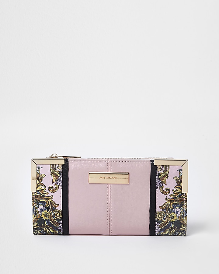 Pink scarf print panel slim foldout purse