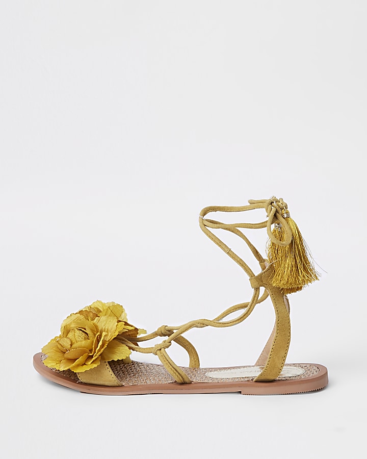 Yellow flower tie ankle sandals