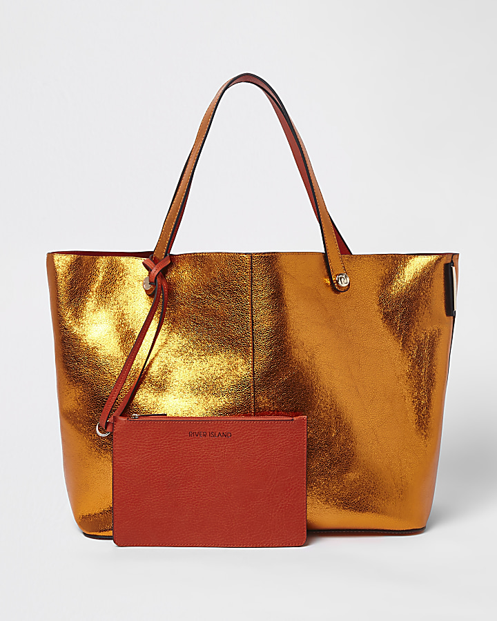 Orange metallic reversible beach tote bag