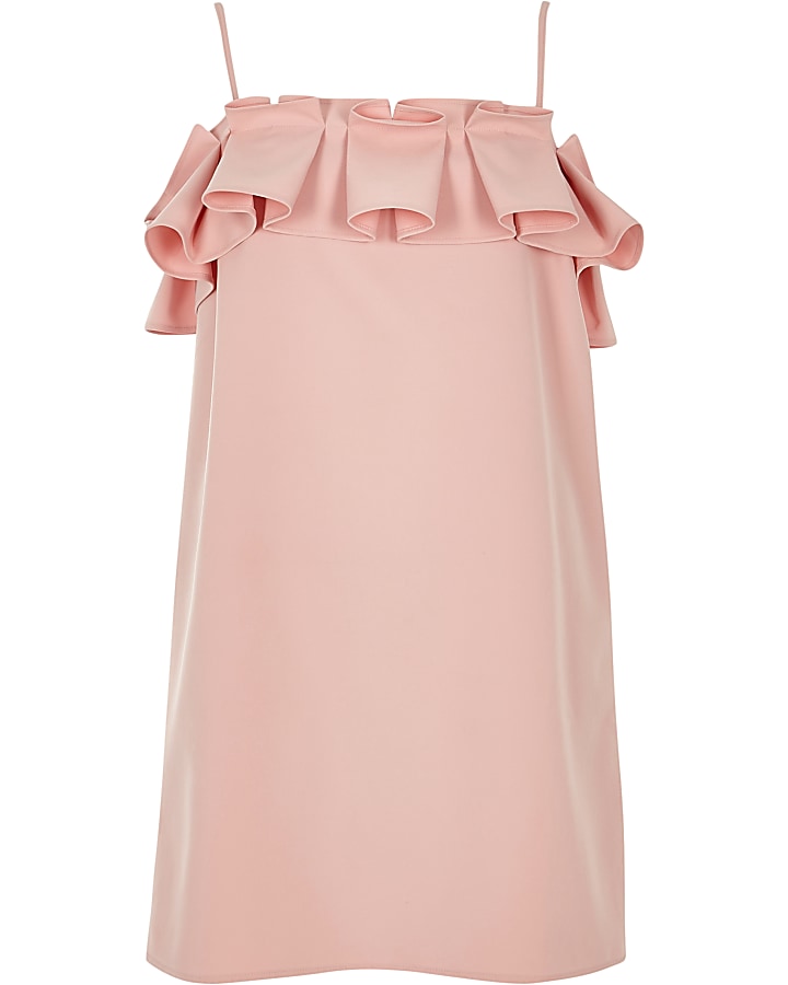 Petite pink pleated frill cold shoulder dress