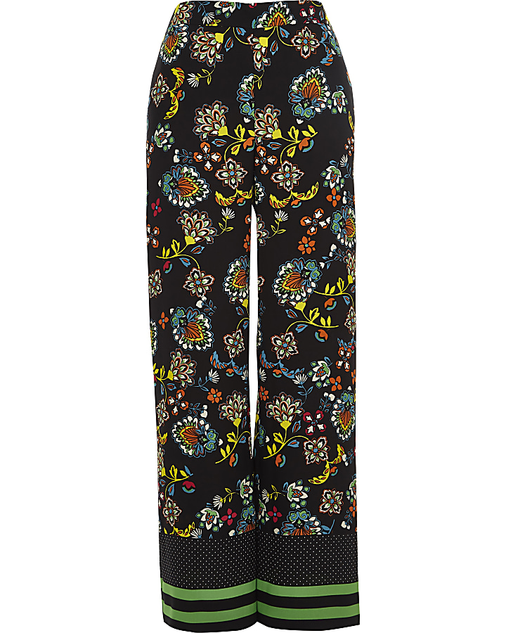 Black floral print wide leg trousers
