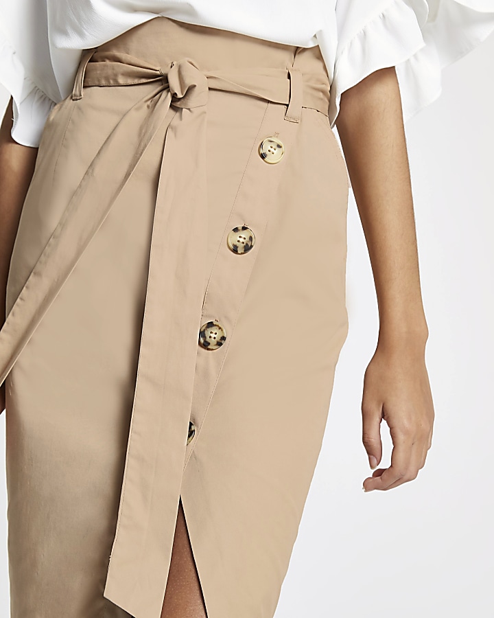 Beige paperbag button front pencil skirt