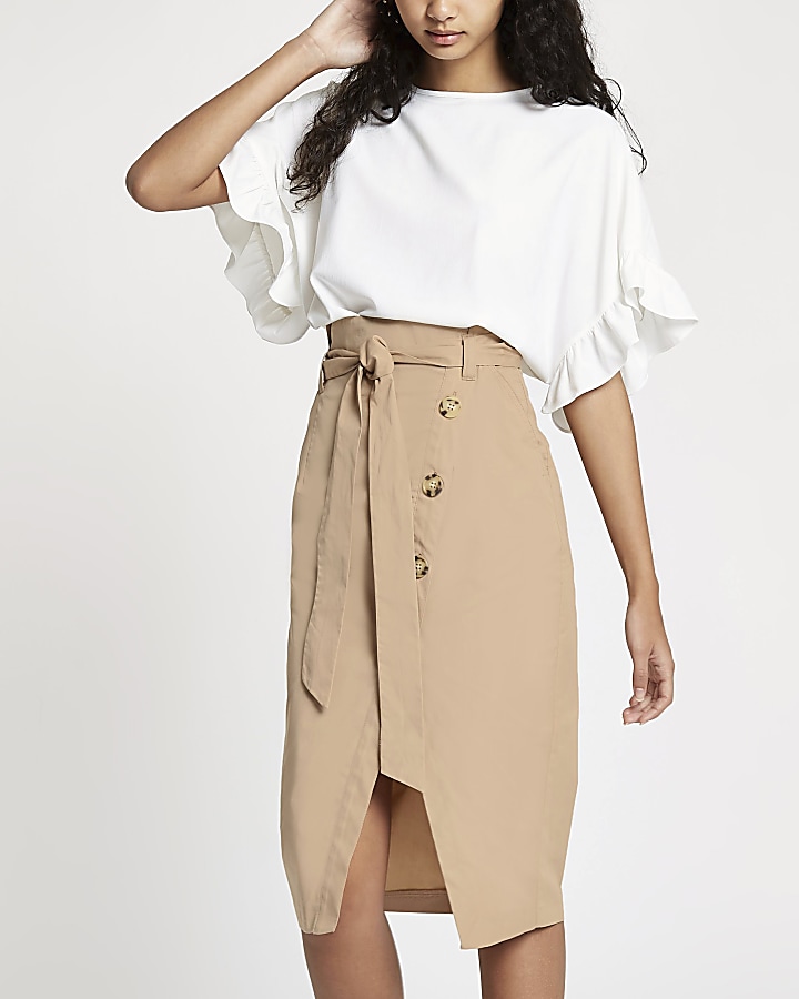 Beige paperbag button front pencil skirt
