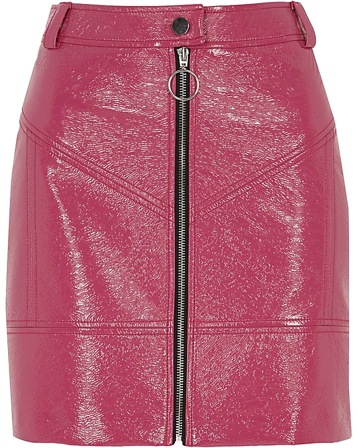 Bright pink vinyl zip front mini skirt