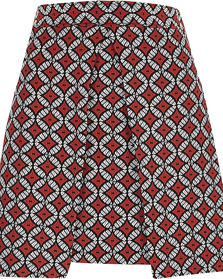 Red geo jacquard wrap front mini skirt