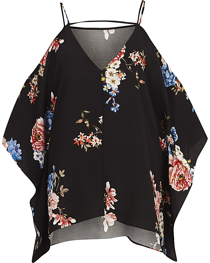 Black floral cold shoulder cape sleeve top