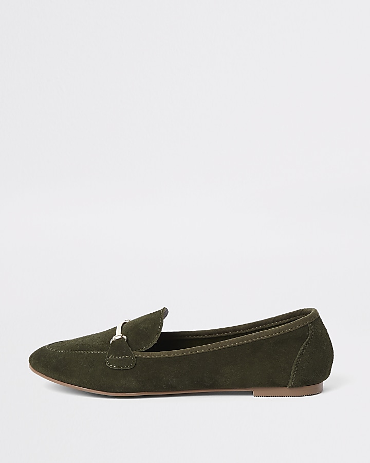 Green suede snaffle detail loafers