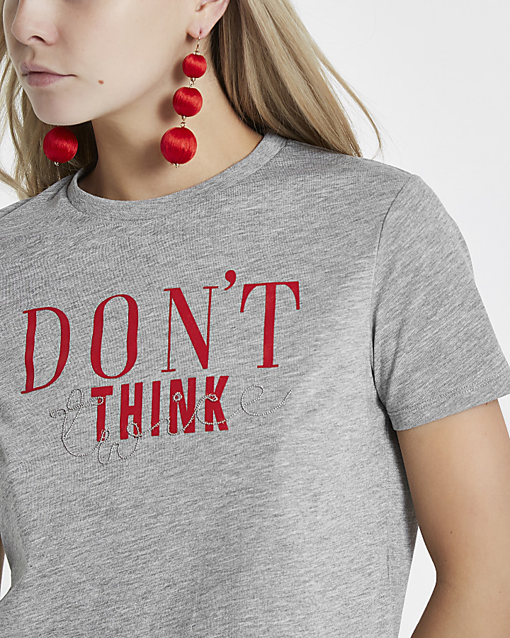 Petite grey marl ‘don’t think twice’ T-shirt