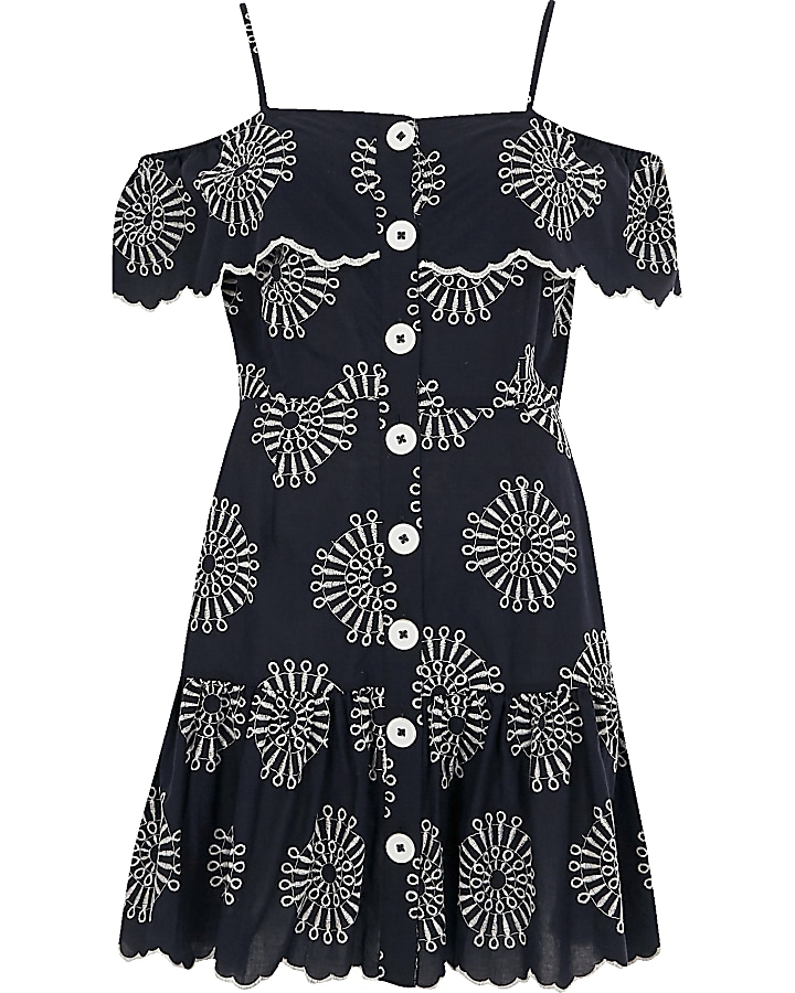 Petite navy embroidered button through dress