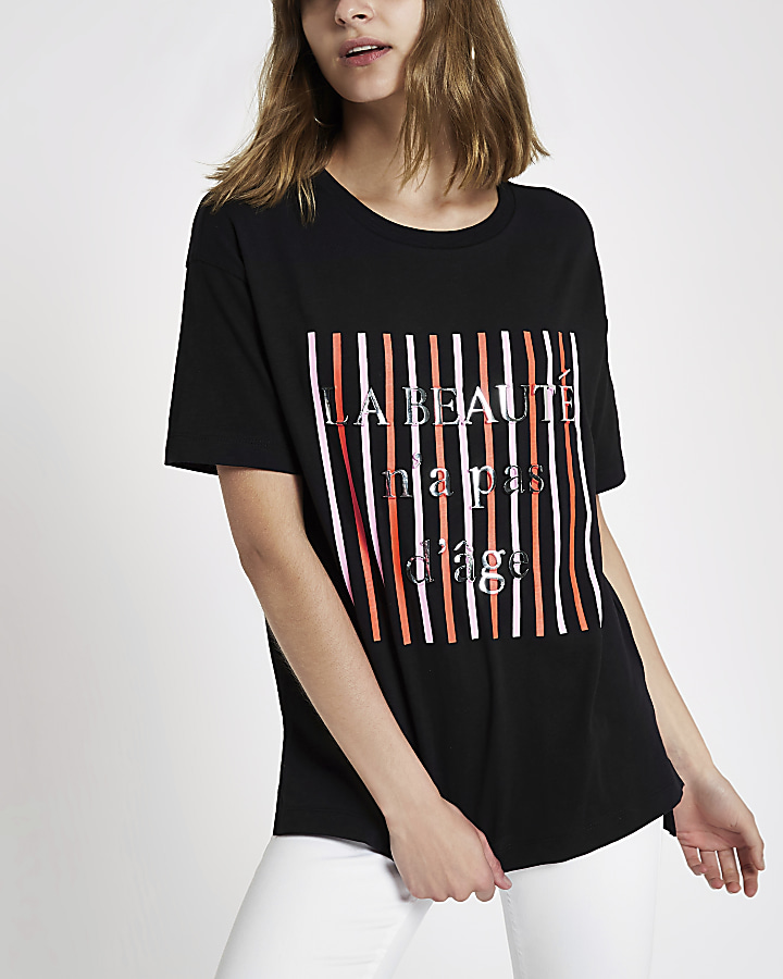 Black 'La beaute' stripe T-shirt