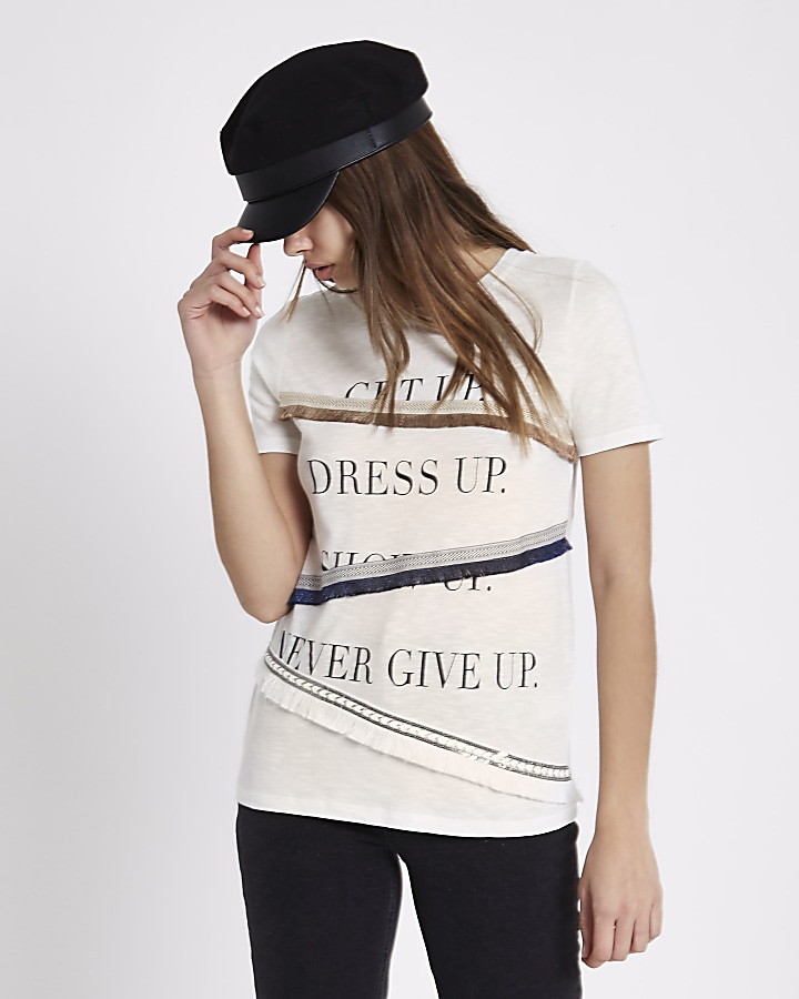 White 'get up' fringe trim T-shirt