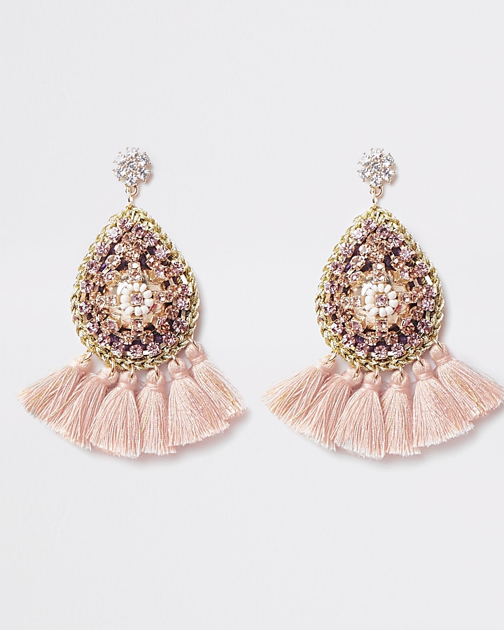 Pink beaded tassel dangle earrings