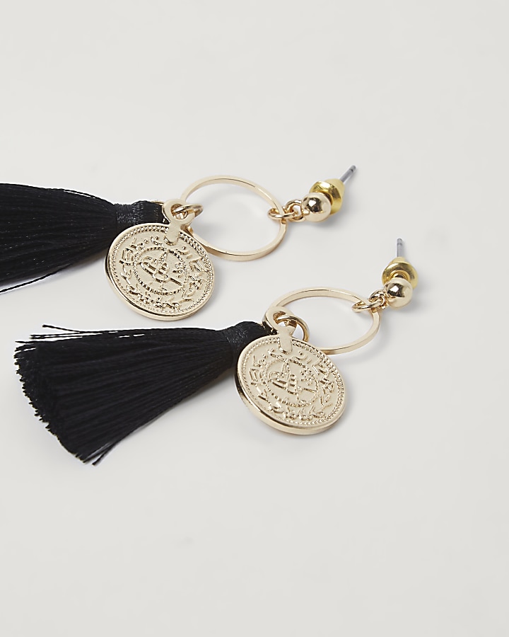 Gold tone coin tassel hoop earrings pack