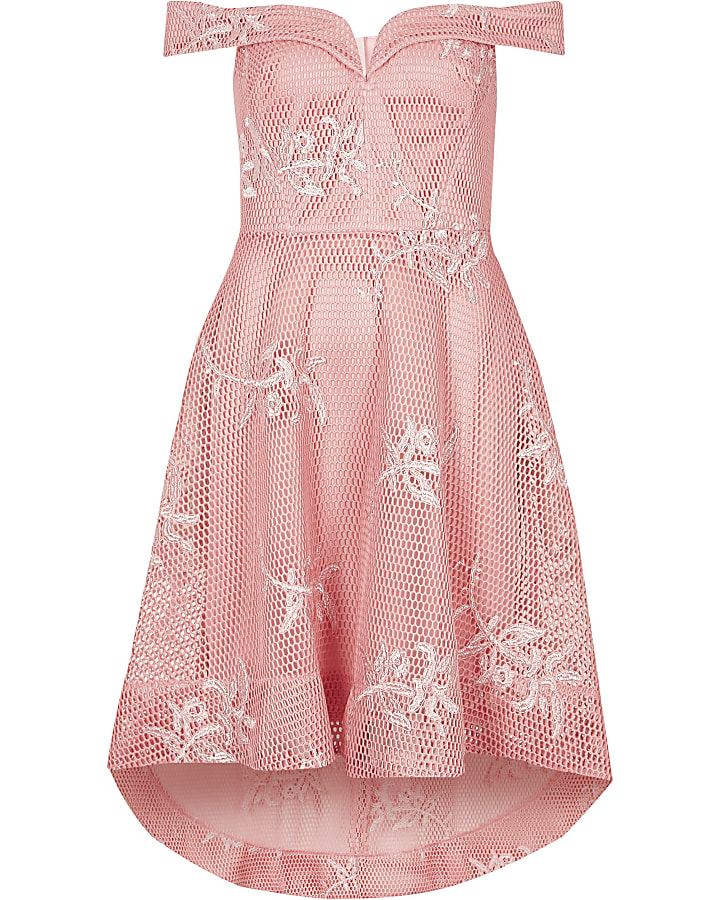Pink bardot mesh asymmetric hem dress