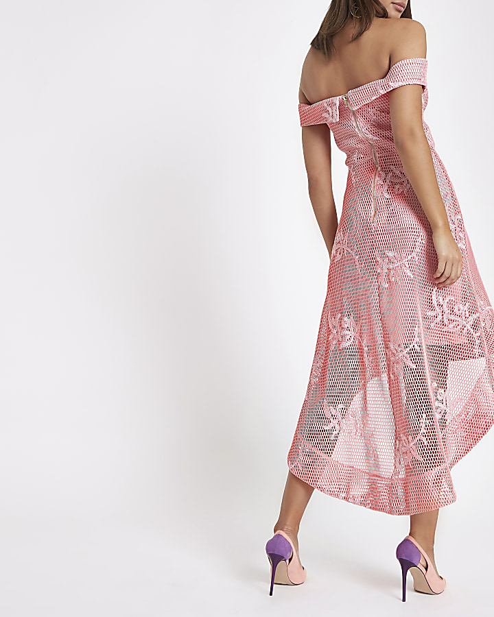 Pink bardot mesh asymmetric hem dress