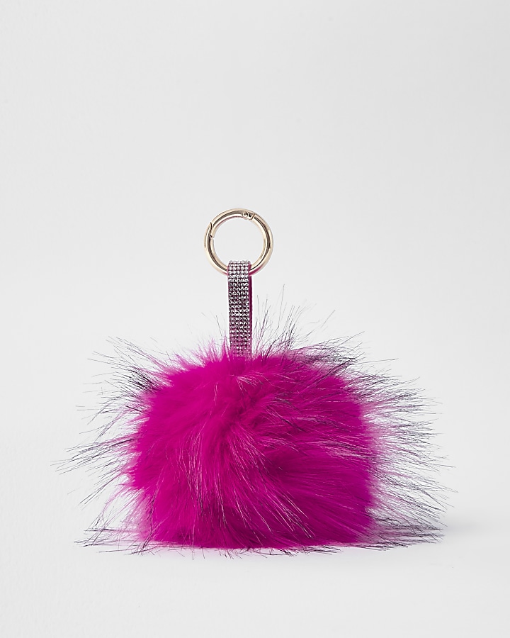Bright pink large faux fur pom pom keyring