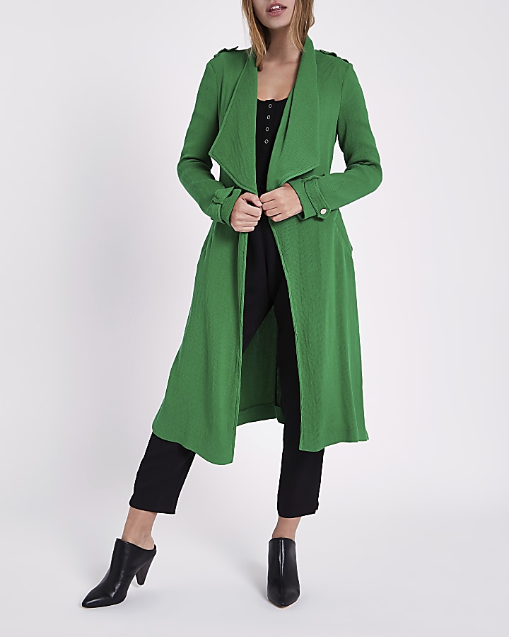 Petite green fallaway tie waist duster coat