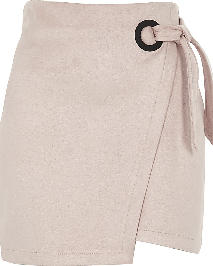 Pink faux suede wrap mini skirt