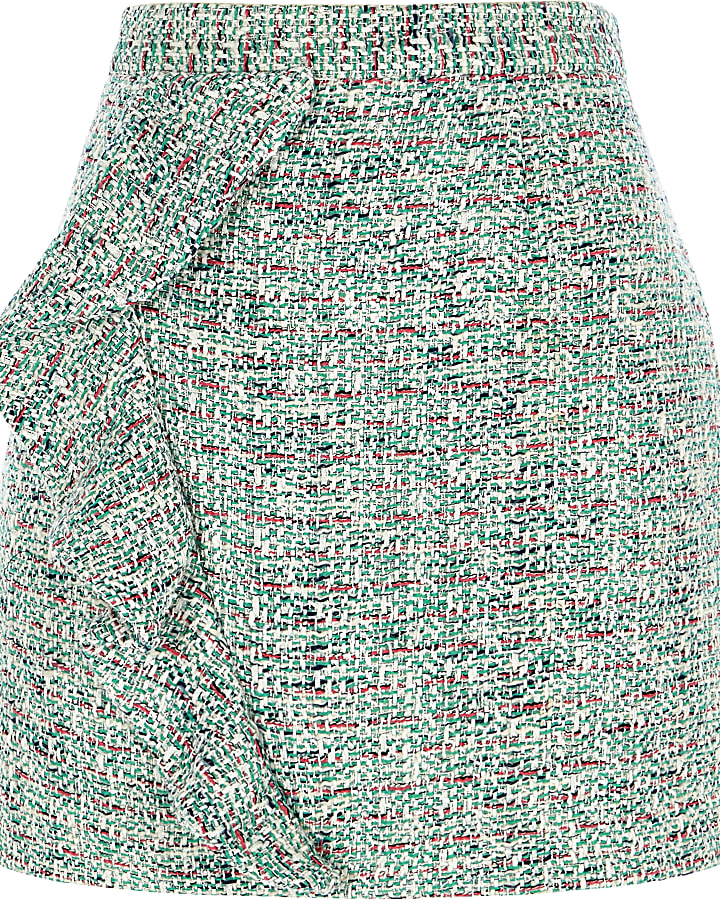 Green frill front boucle mini skirt