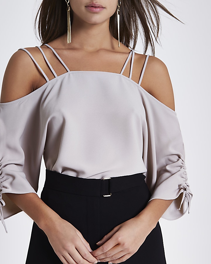 Grey strappy ruched sleeve cold shoulder top