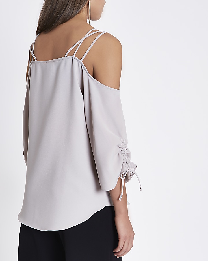 Grey strappy ruched sleeve cold shoulder top