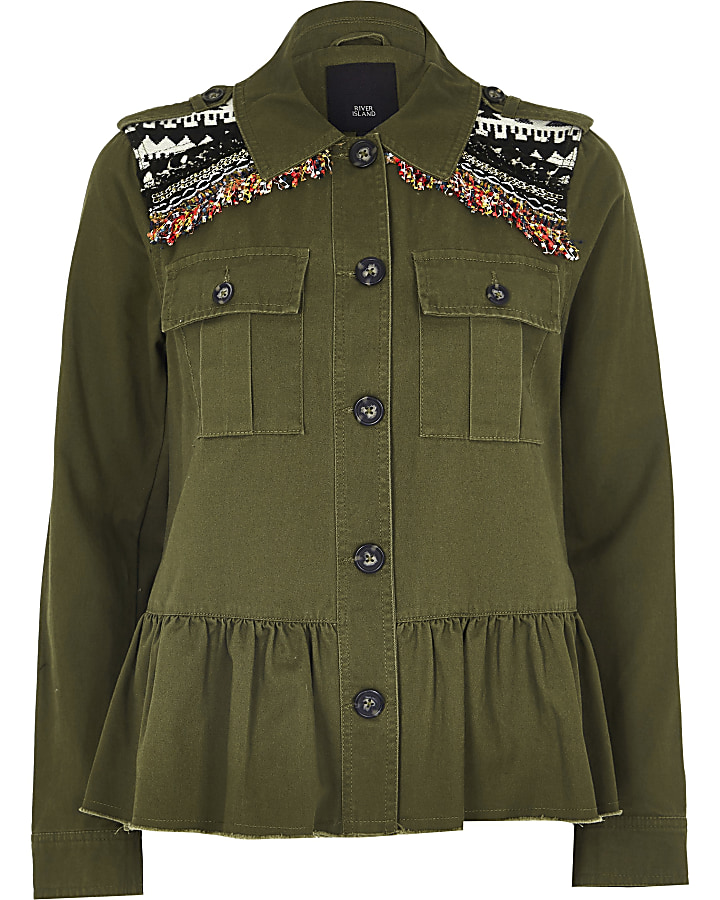 Khaki embellished peplum army jacket