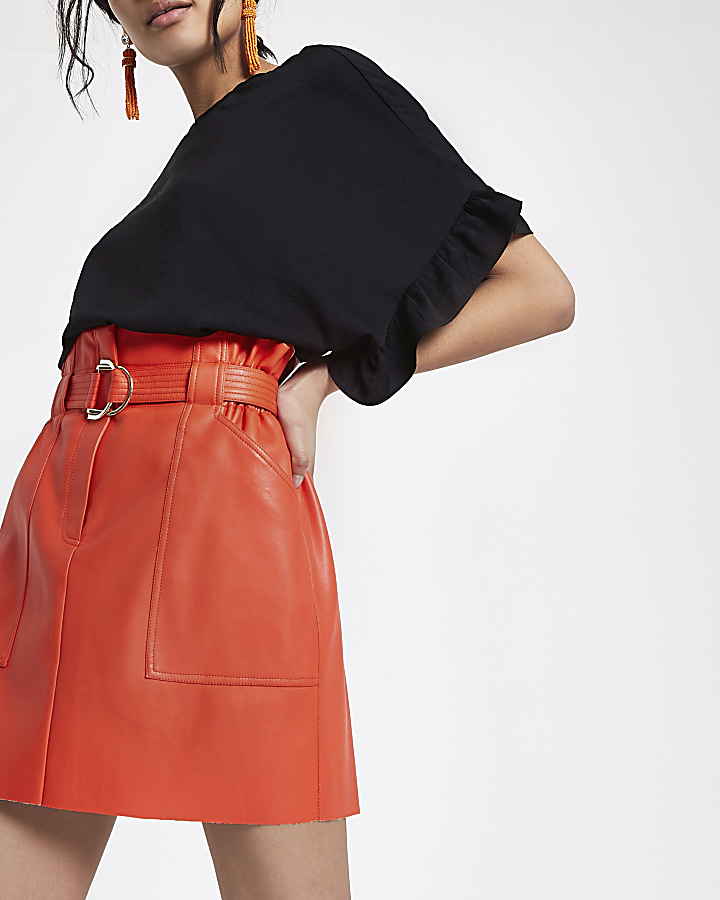 Red paperbag waist faux leather mini skirt