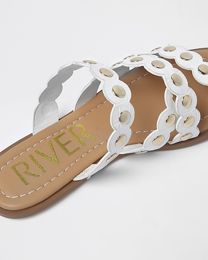 White scallop studded mule sandals