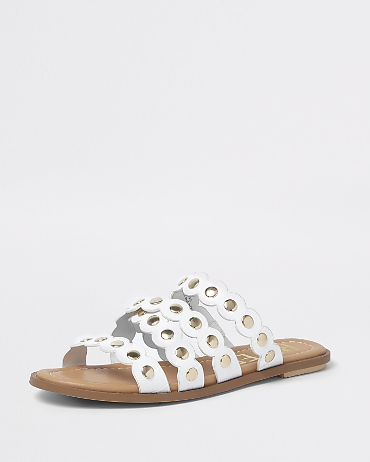 White scallop studded mule sandals