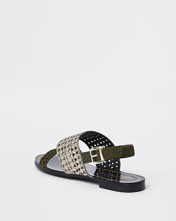 Khaki metallic laser cut sandals