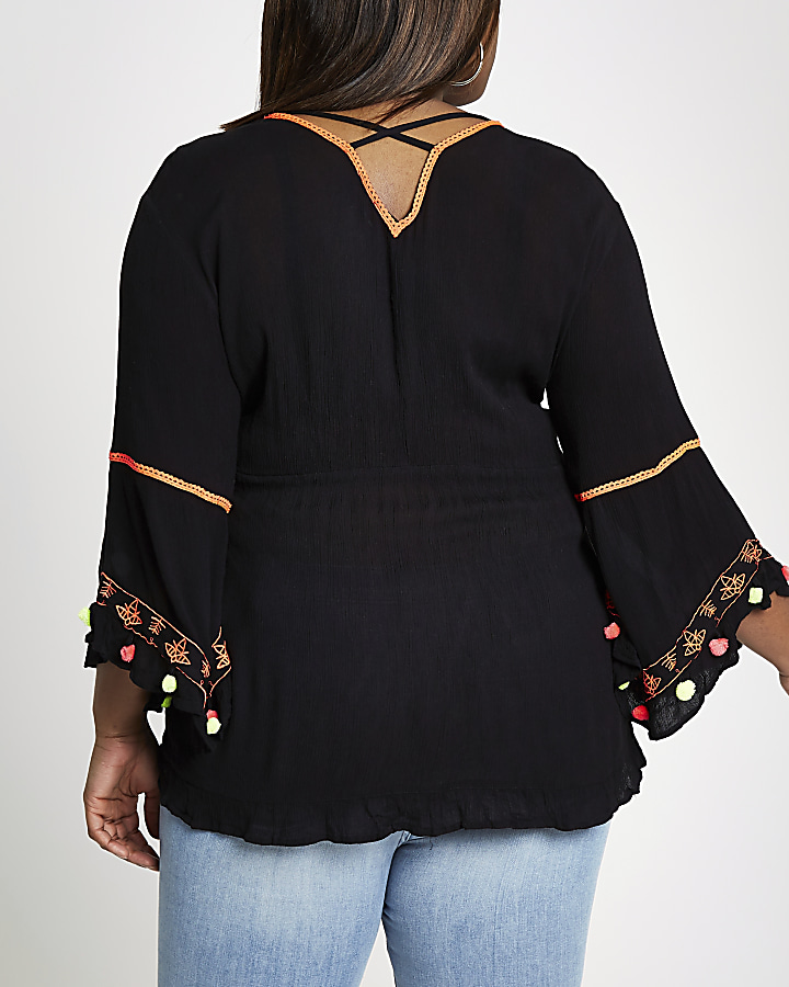 Plus black embroidered wrap top