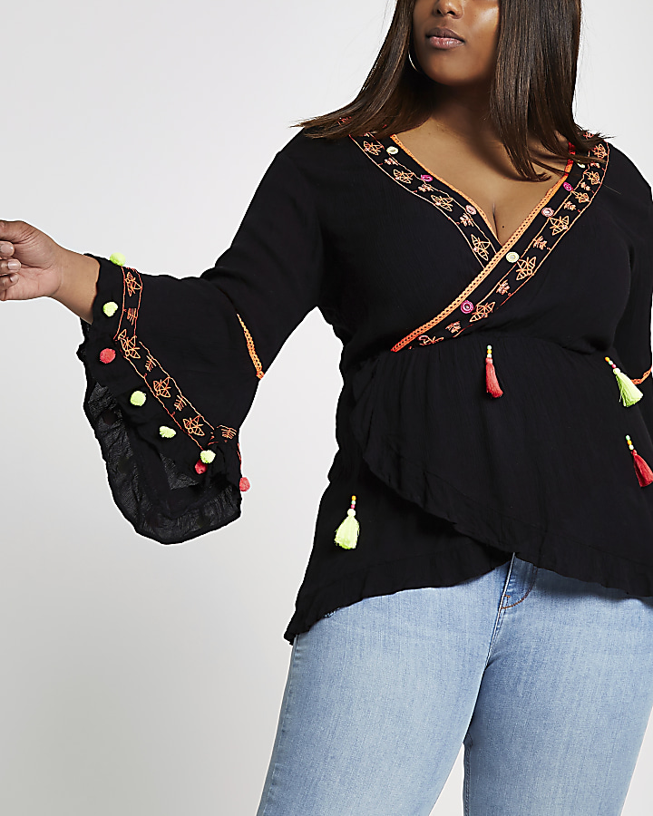 Plus black embroidered wrap top