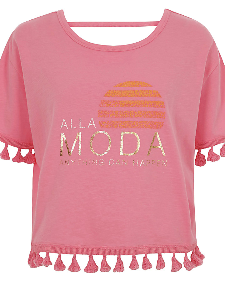 Pink pom pom ‘Alla moda’ print boxy T-shirt