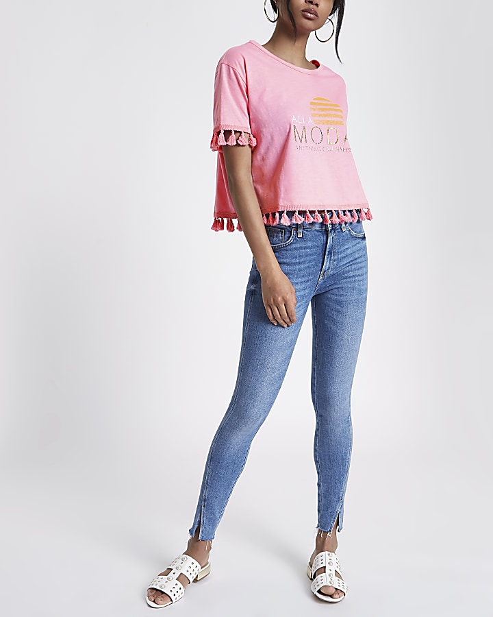 Pink pom pom ‘Alla moda’ print boxy T-shirt