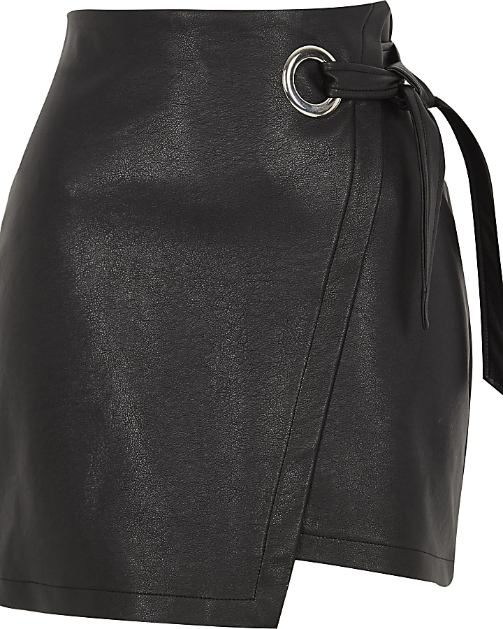 Black faux leather wrap mini skirt