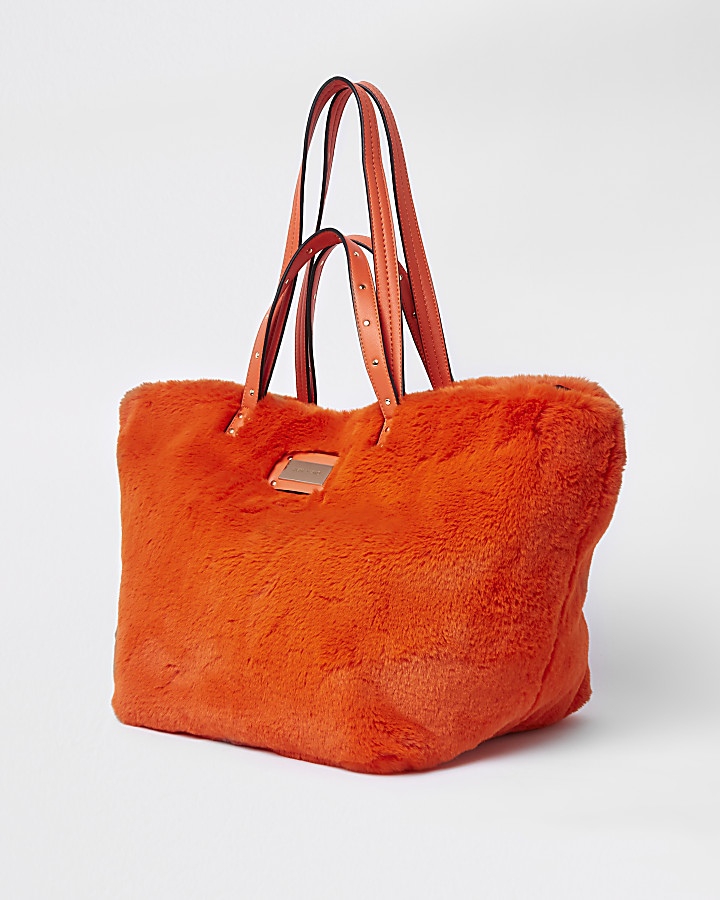 Orange faux fur oversized shopper bag