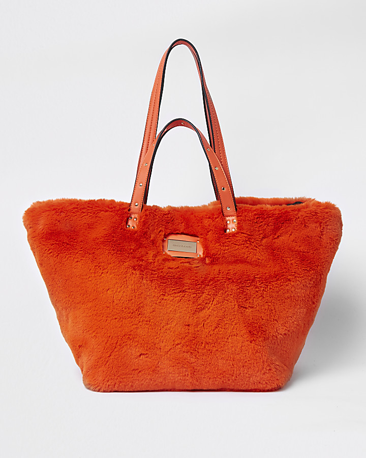 Orange faux fur oversized shopper bag
