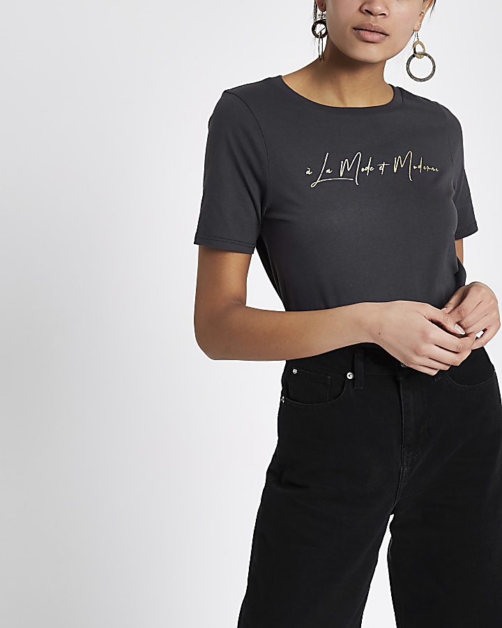 Grey 'la moderne' foil print fitted T-shirt