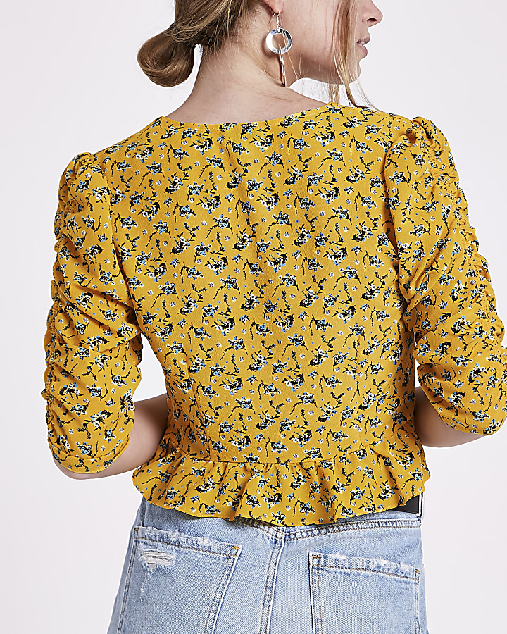 Petite yellow ditsy ruched puff sleeve top