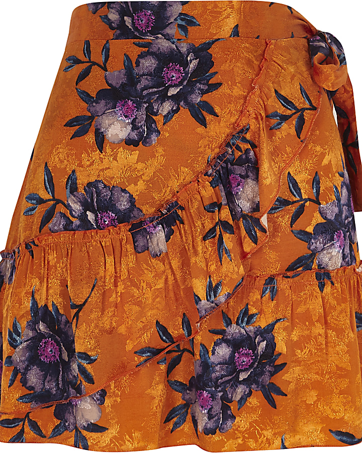 Orange floral jacquard frill wrap mini skirt