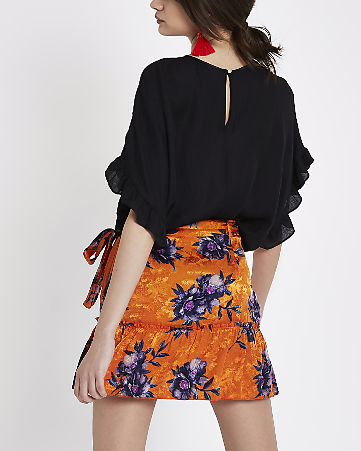 Orange floral jacquard frill wrap mini skirt