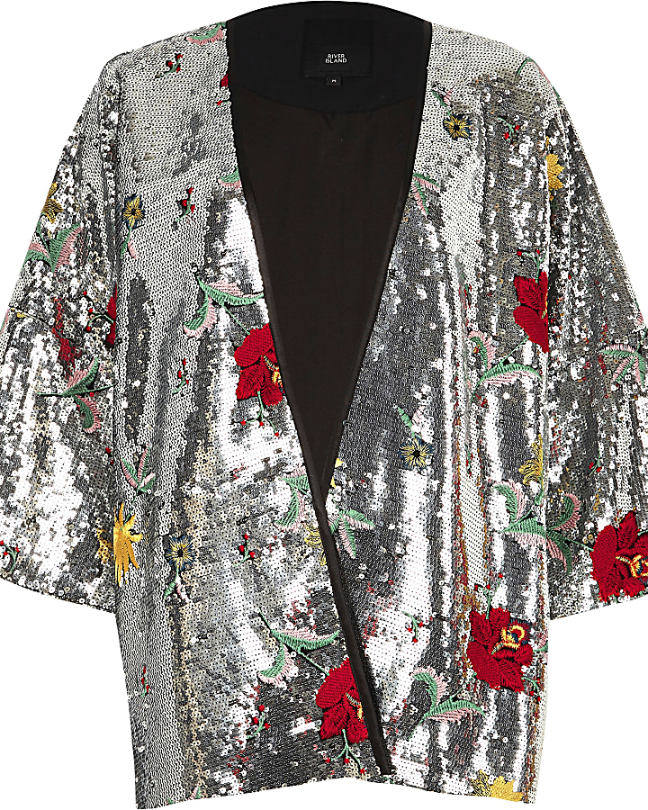 Silver floral sequin embellished kimono