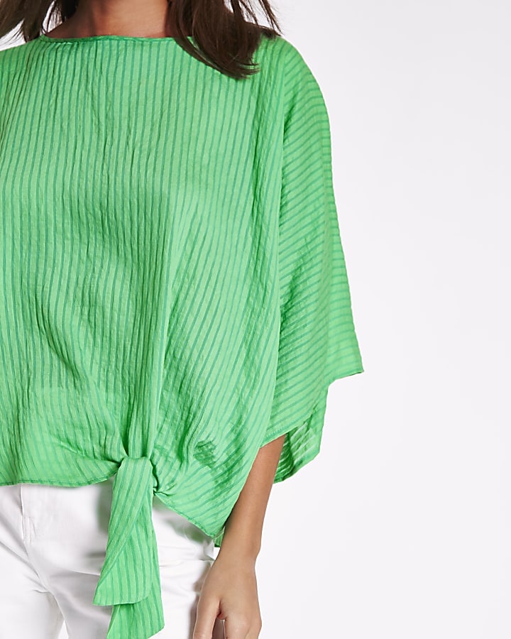 Green stripe jacquard knot side T-shirt