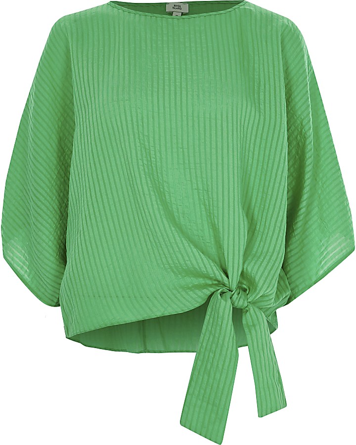 Green stripe jacquard knot side T-shirt