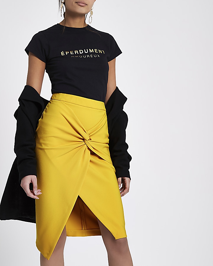 Mustard yellow twist front pencil skirt