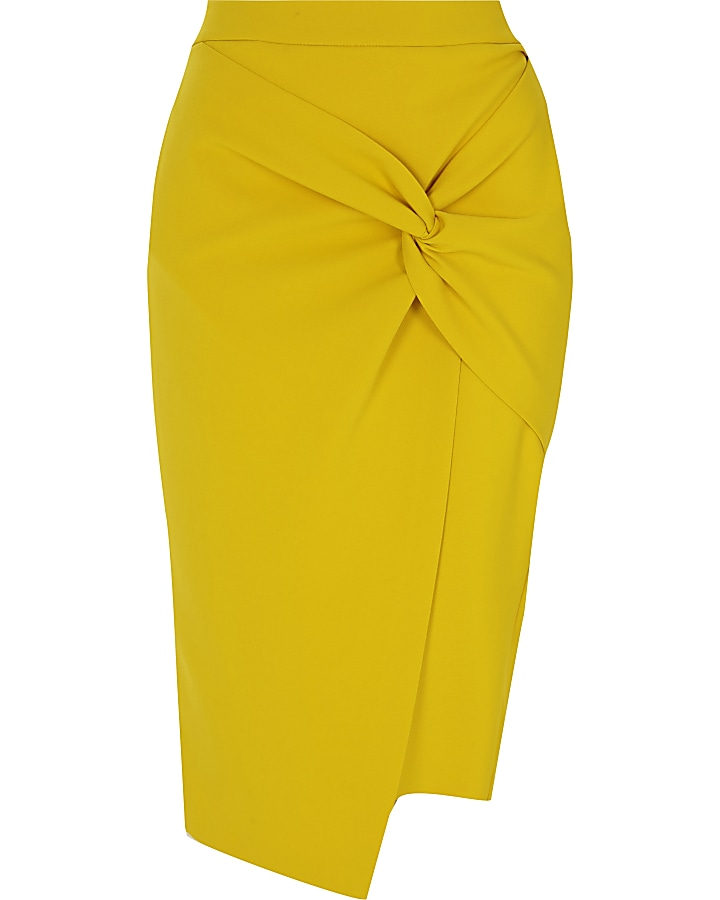Mustard yellow twist front pencil skirt