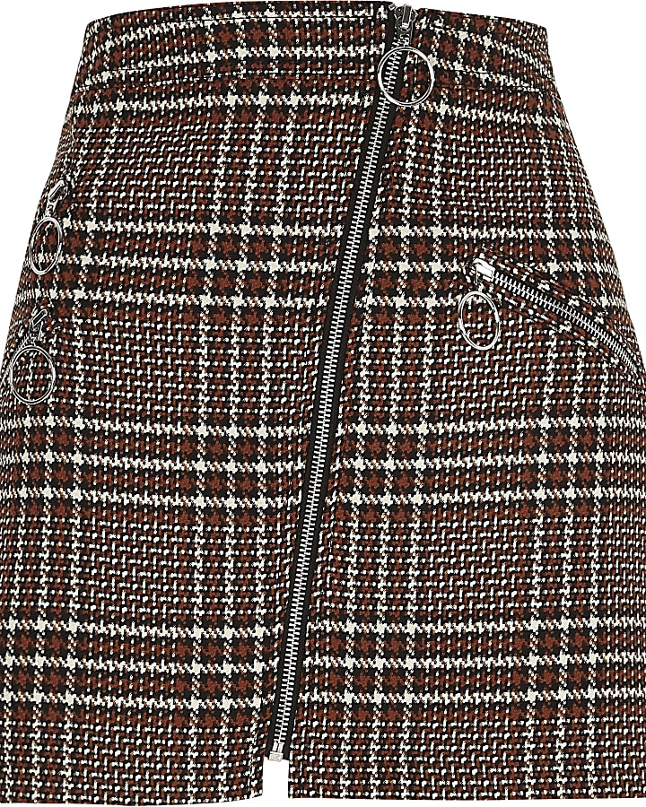 Brown check zip mini skirt