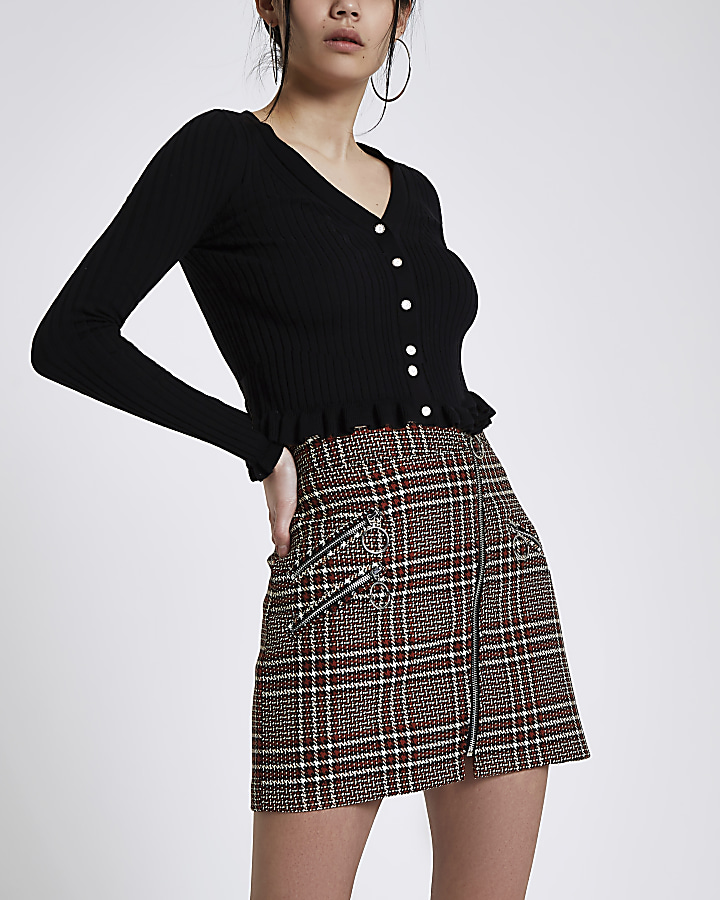 Brown check zip mini skirt