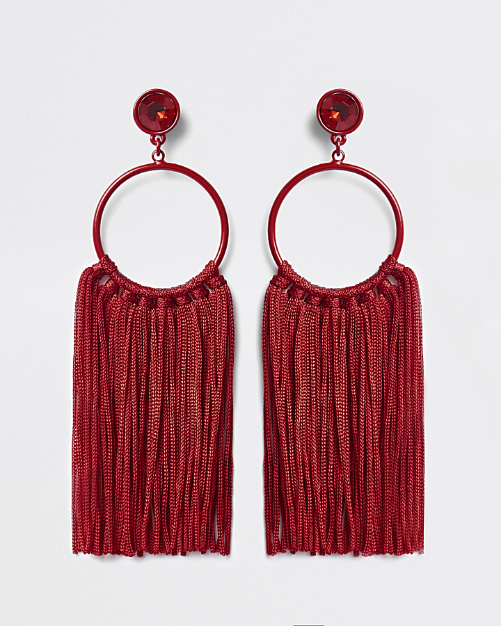Red hoop tassel drop earrings